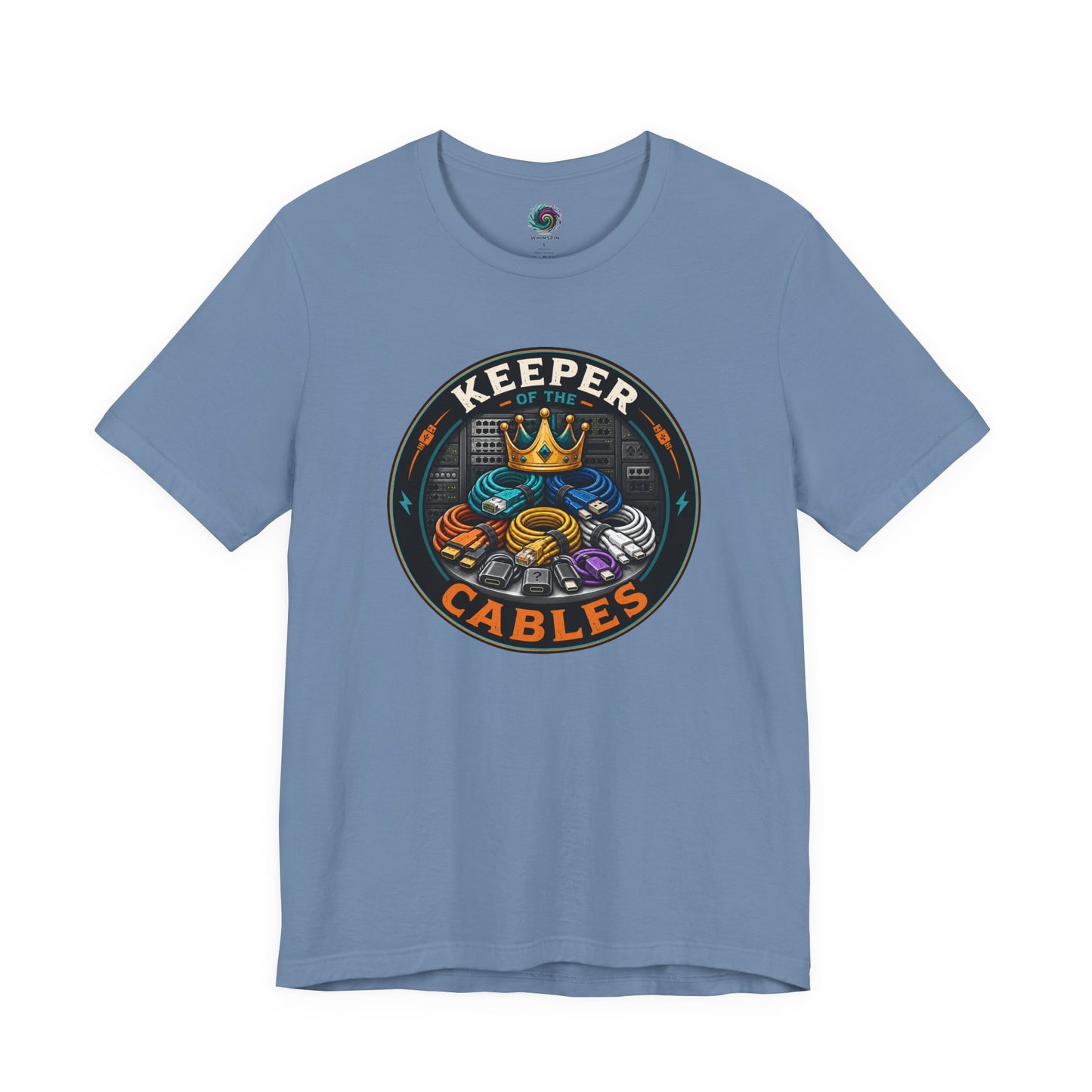 Keeper of the Cables T-Shirt – Funny Tech Dad Cable Tee on steel blue for cable collectors, gadget lovers, and family IT dads.