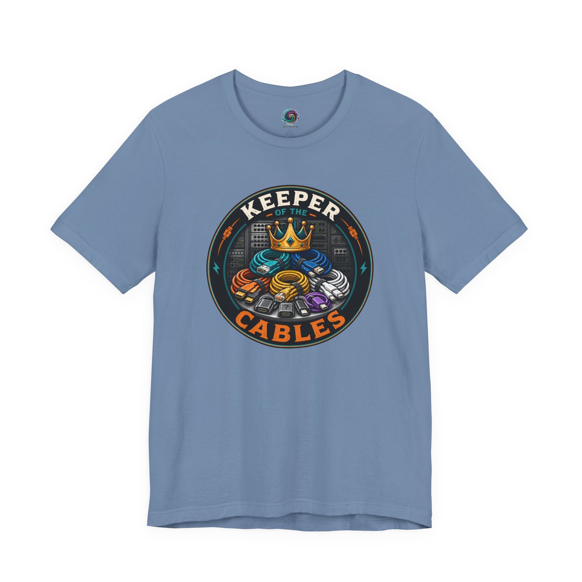 Keeper of the Cables T-Shirt – Funny Tech Dad Cable Tee on steel blue for cable collectors, gadget lovers, and family IT dads.