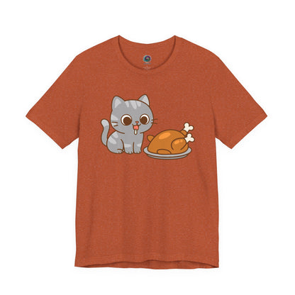 Thanksgiving Cat T-Shirt – Cute Hungry Cat and Turkey Tee in heather autumn with cute kitten and fall-themed dinner scene