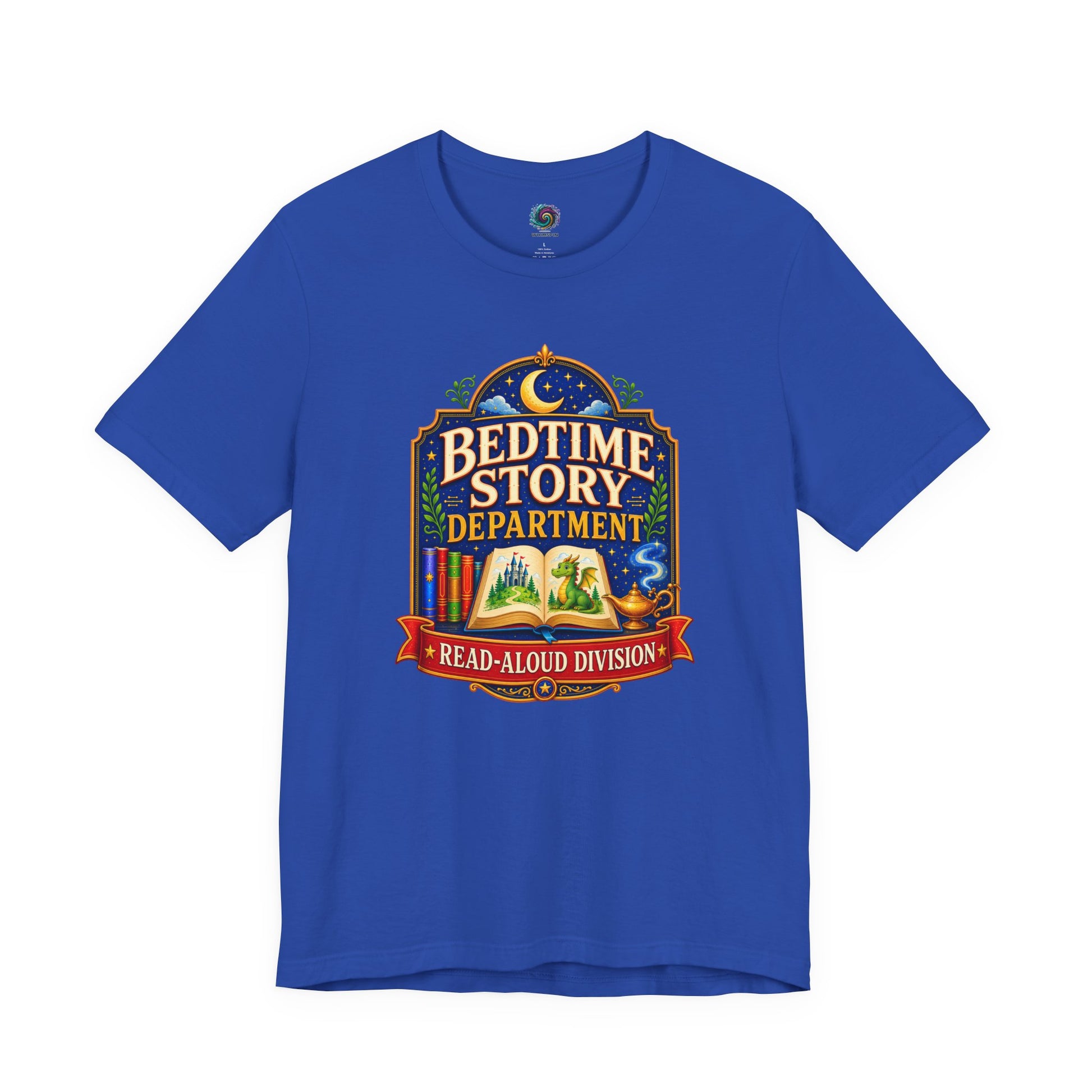 Bedtime Story Department T-Shirt – Read-Aloud Parent Tee on true royal for anyone who reads favorite books again and again.