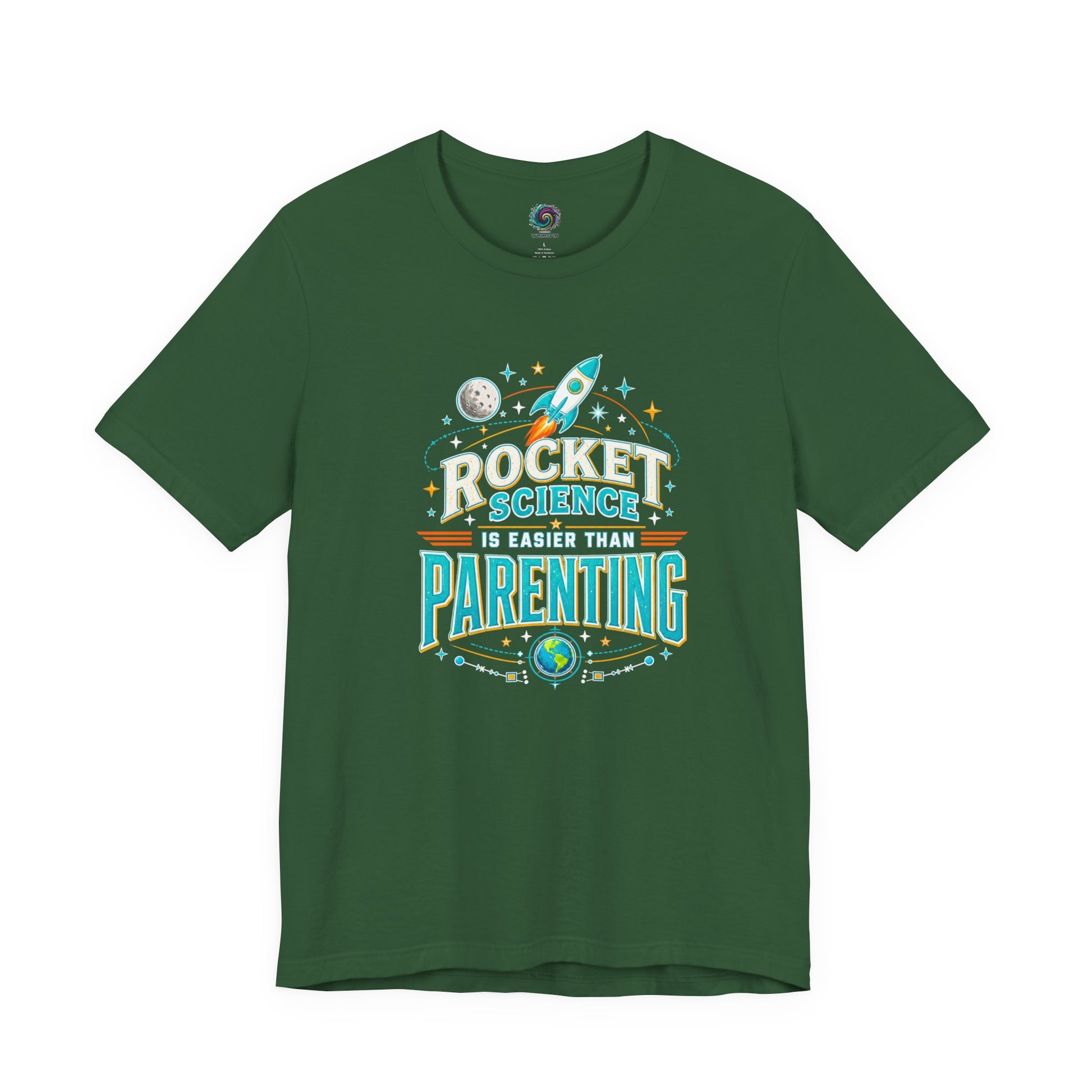 Rocket Science Parenting T-Shirt – Funny Aerospace Parent Tee on evergreen with a playful parenting and space program inspired design.
