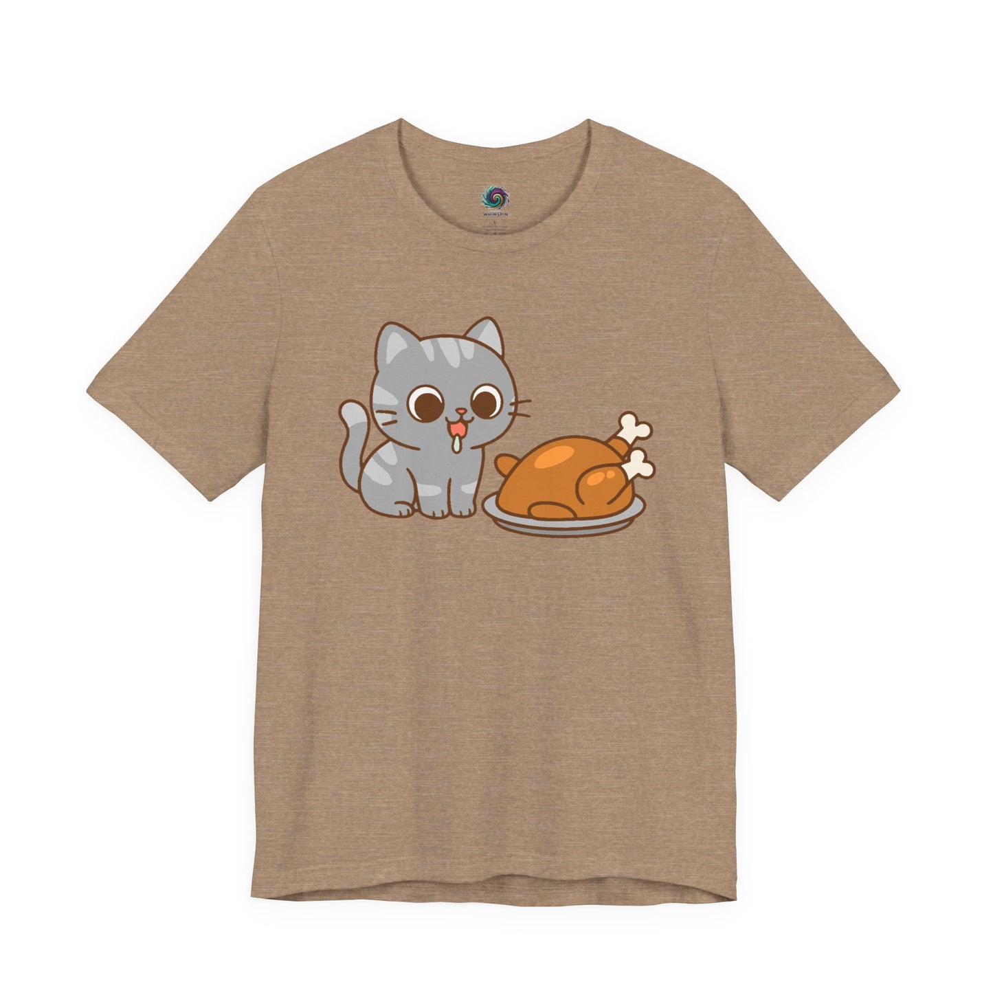 Thanksgiving Cat T-Shirt – Cute Hungry Cat and Turkey Tee in heather tan with kawaii-style gray cat and drumsticks