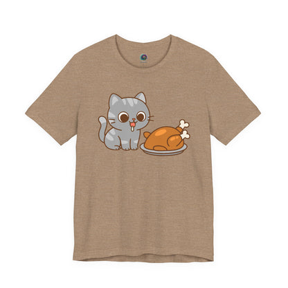 Thanksgiving Cat T-Shirt – Cute Hungry Cat and Turkey Tee in heather tan with kawaii-style gray cat and drumsticks