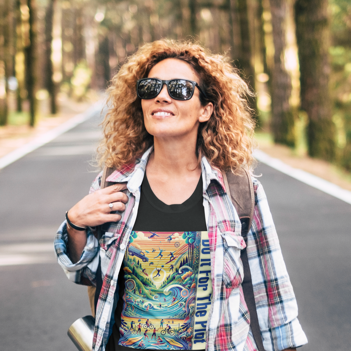 Do It For The Plot t shirt – aesthetic hiking shirt for adventurers and main characters, shown on a curly-haired woman with a backpack on a tree-lined forest path