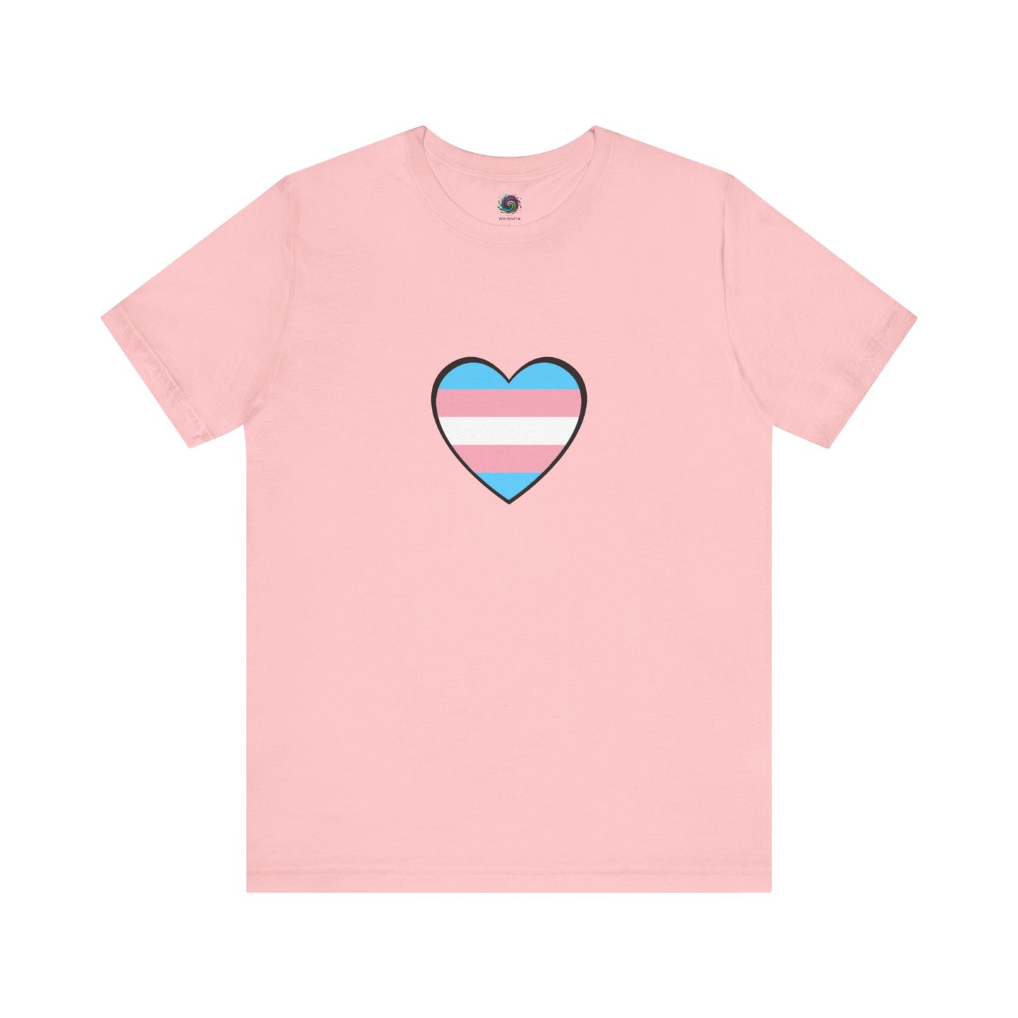 Transgender Pride Flag Heart T-Shirt – LGBTQ+ Trans Flag Graphic Tee in soft pink, showing a stylized trans heart inspired by the trans heart emoji and flag symbolism.