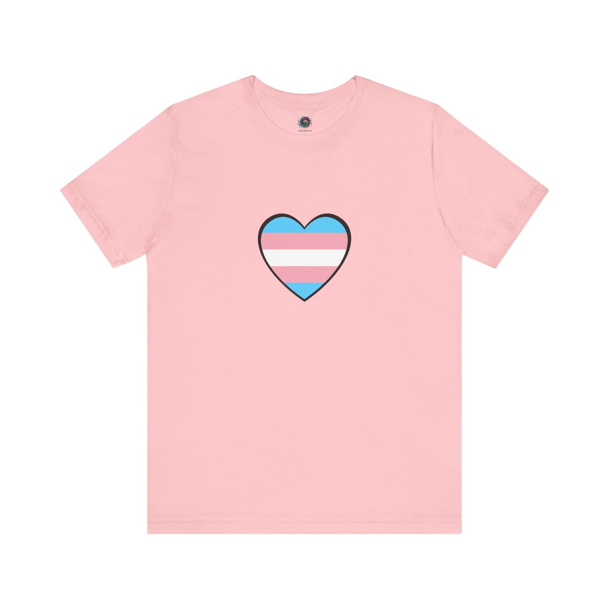 Transgender Pride Flag Heart T-Shirt – LGBTQ+ Trans Flag Graphic Tee in soft pink, showing a stylized trans heart inspired by the trans heart emoji and flag symbolism.