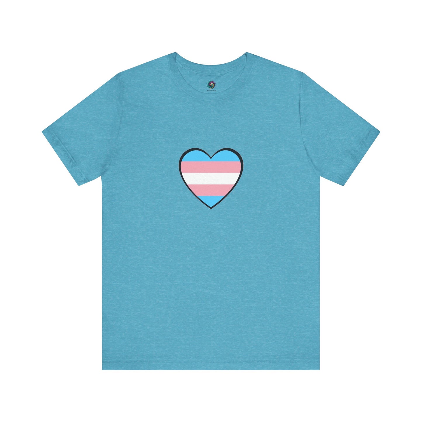 Transgender Pride Flag Heart T-Shirt – LGBTQ+ Trans Flag Graphic Tee in heather aqua, featuring the trans heart symbol for those seeking visibility and belonging.