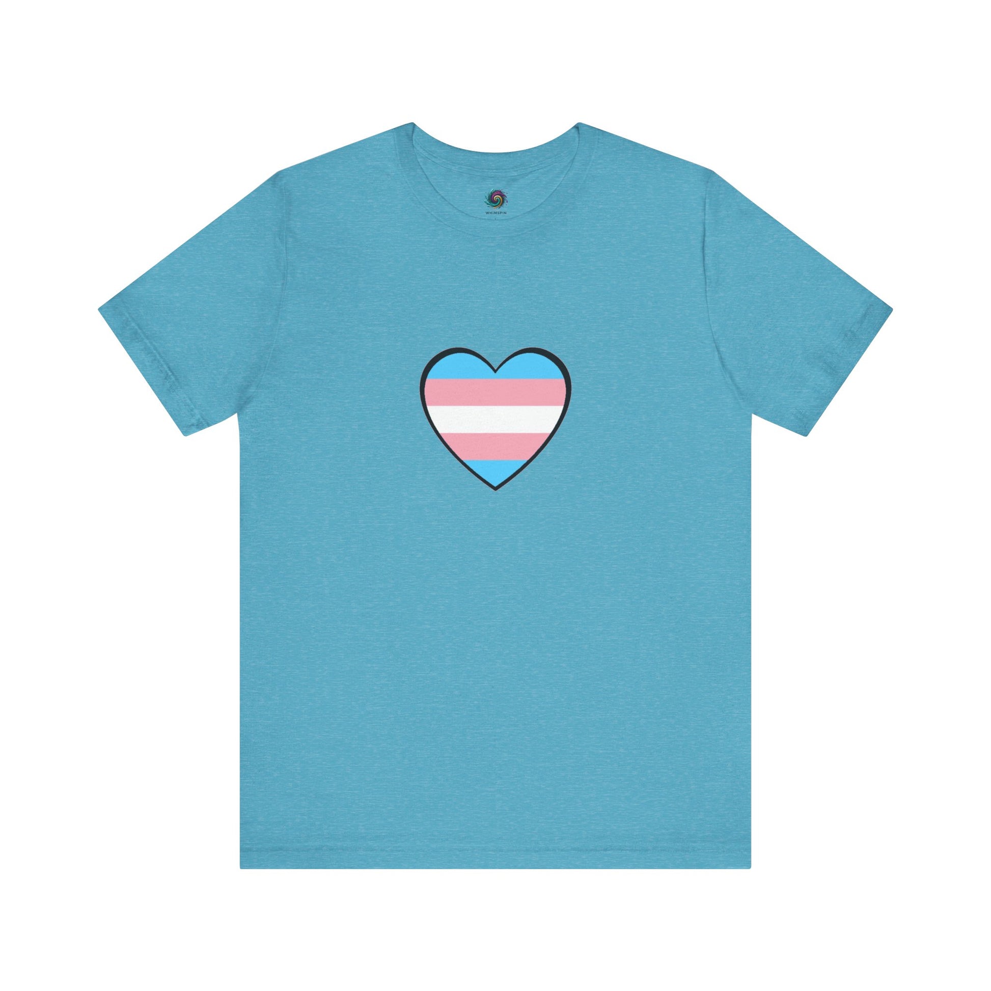 Transgender Pride Flag Heart T-Shirt – LGBTQ+ Trans Flag Graphic Tee in heather aqua, featuring the trans heart symbol for those seeking visibility and belonging.