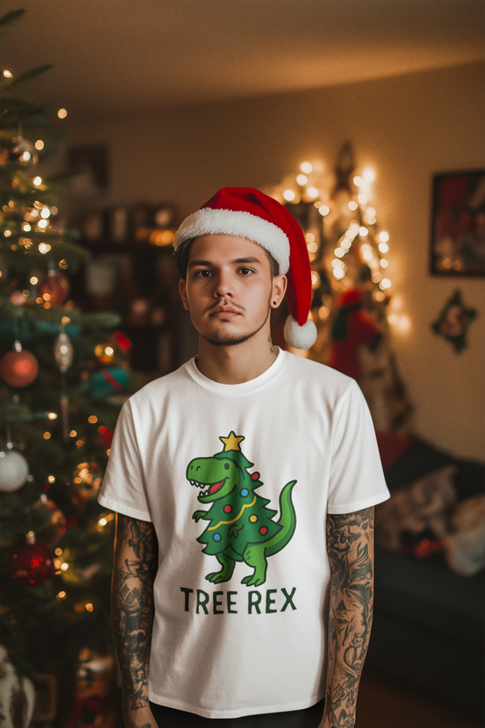 Tree Rex T-Shirt – Funny Christmas T-Rex Shirt for Dinosaur Lovers in white, worn by man with Santa hat near decorated tree.