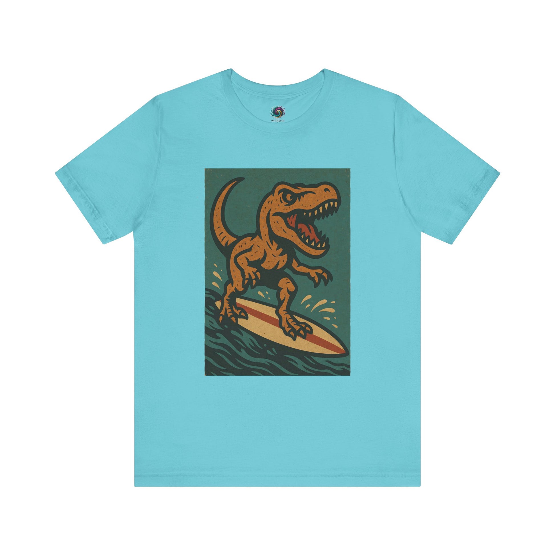Surfing T-Rex T-Shirt – Funny surfing Dinosaur Graphic Tee in turquoise, featuring a dinosaur surfing in paradise — a surf tee made for dinosaur vacations.