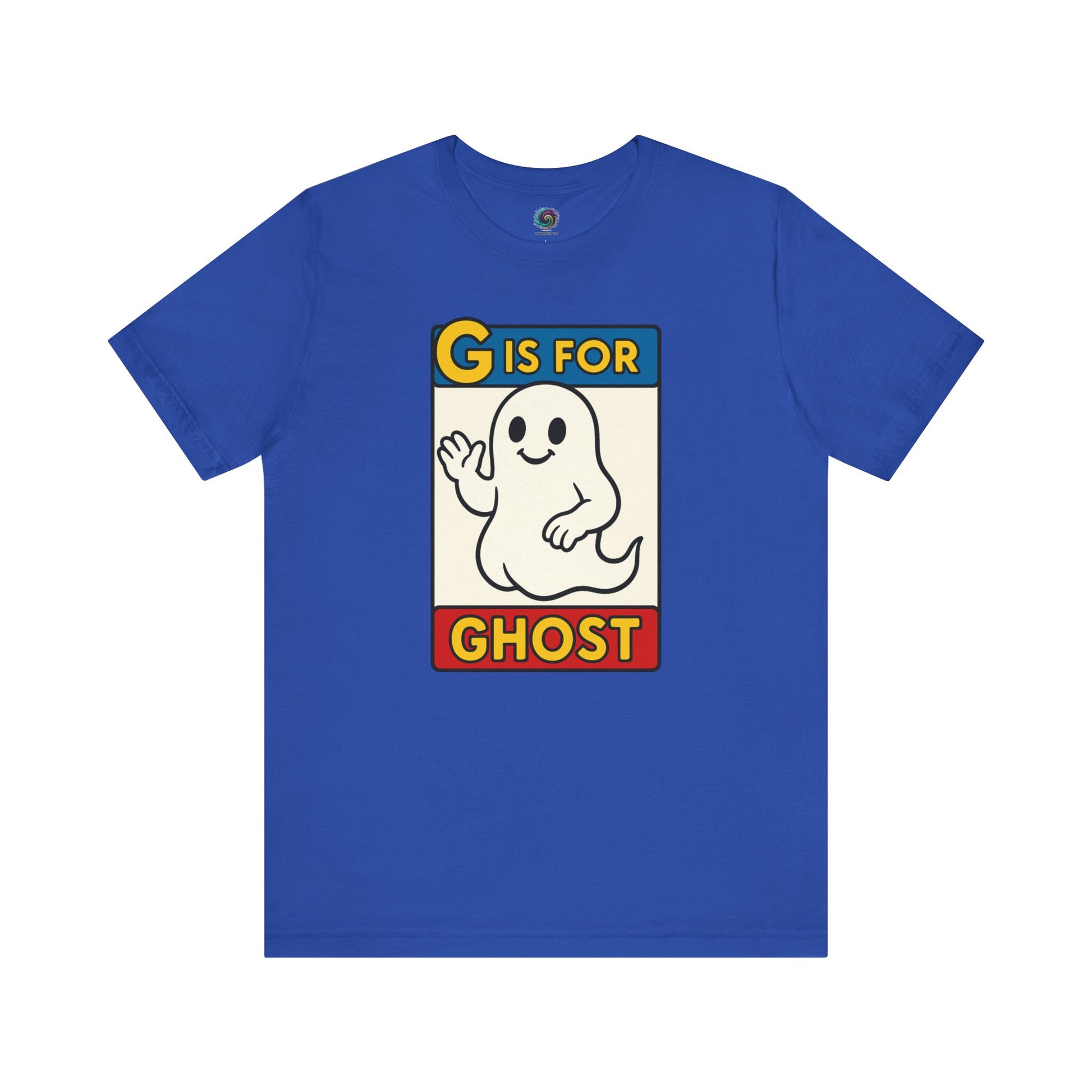 G is for Ghost T-Shirt – Funny Monster Alphabet Halloween Tee in true royal, ghost alphabet shirt with cheerful ghost artwork.