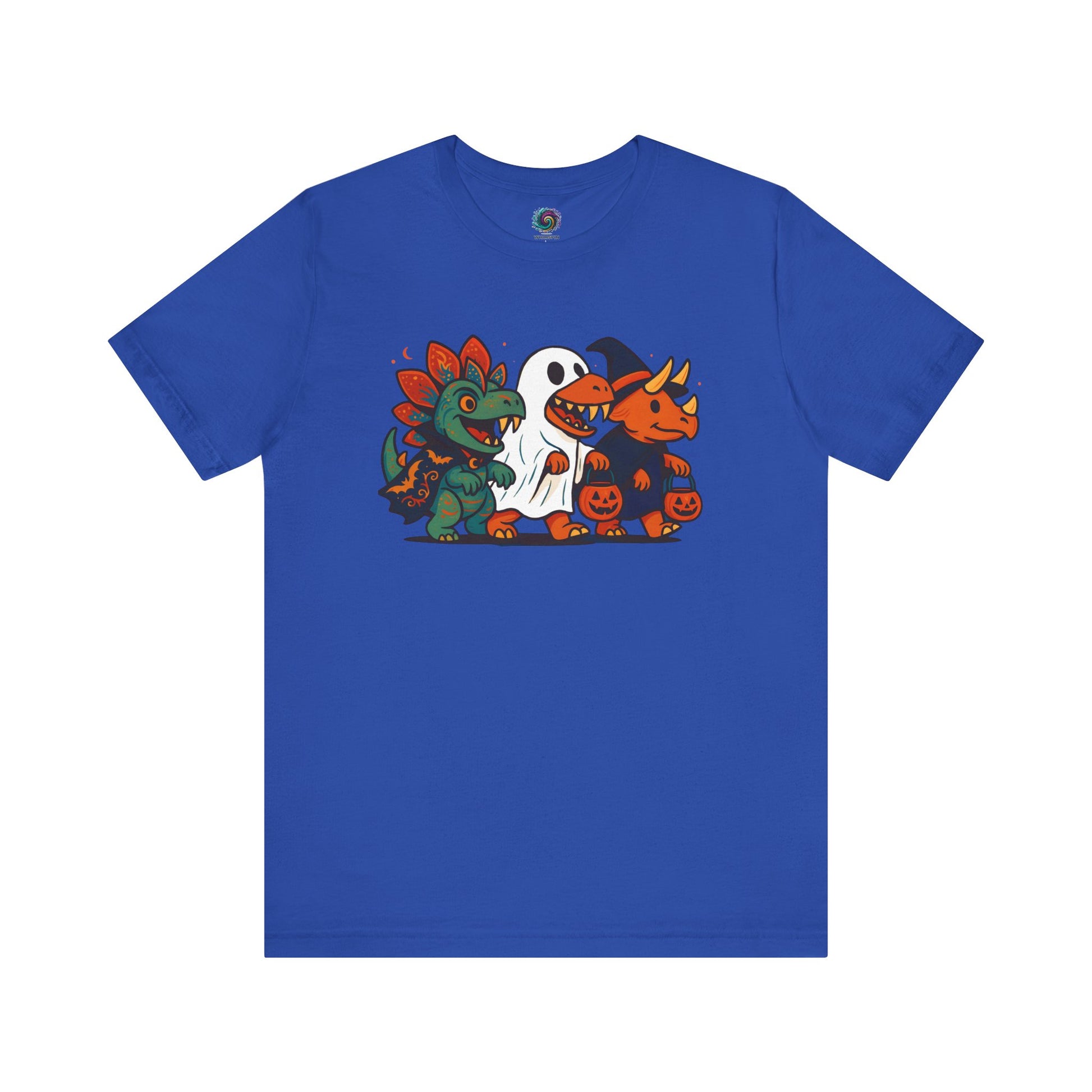 Blue t-shirt with cartoon dinosaurs trick-or-treating in Halloween costumes on a white background