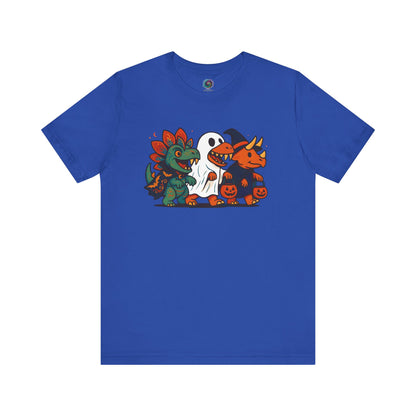 Blue t-shirt with cartoon dinosaurs trick-or-treating in Halloween costumes on a white background