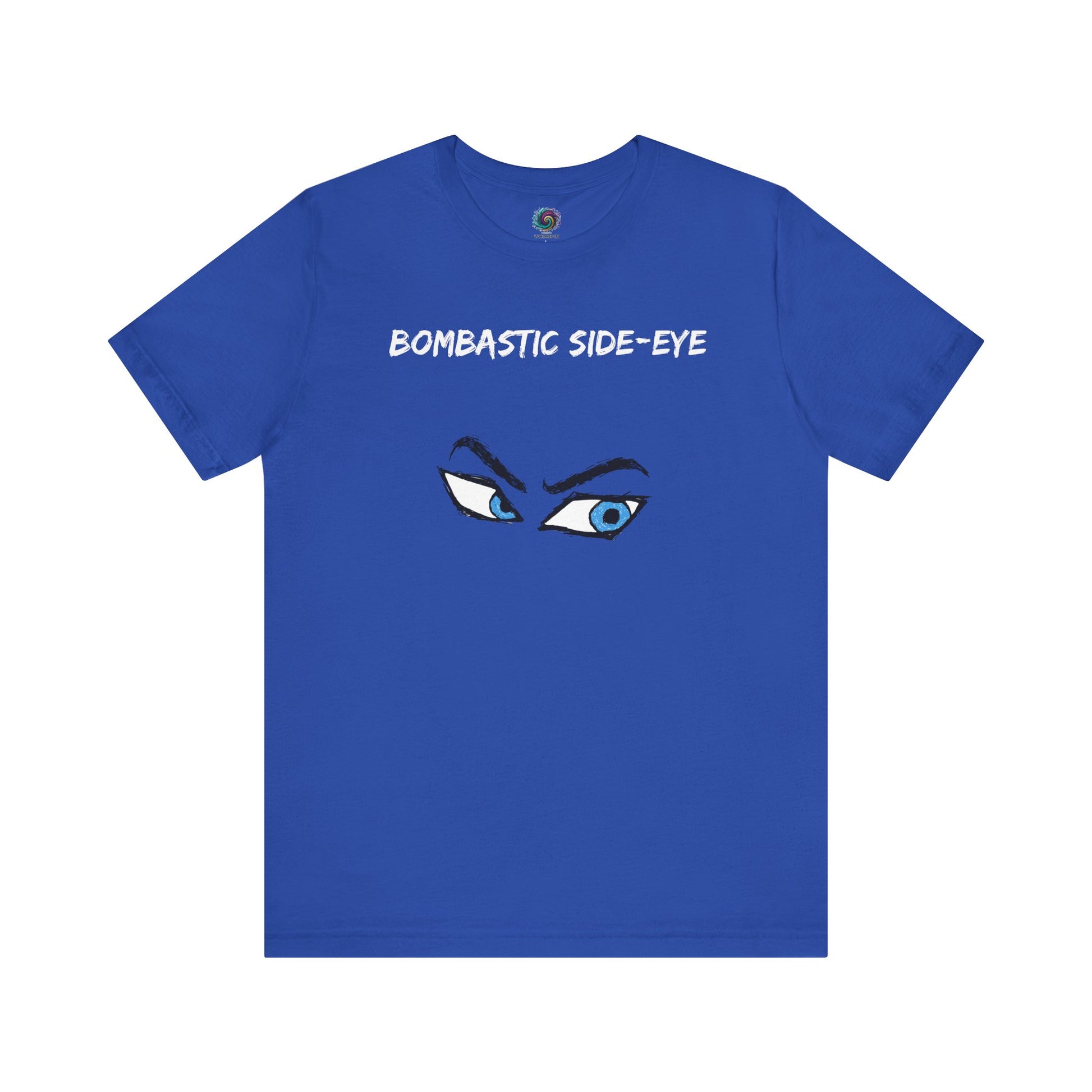 Bombastic Side-Eye T-Shirt – Comic Book Style Meme Graphic Tee in True Royal, highlighting the vivid comic-style eye design.
