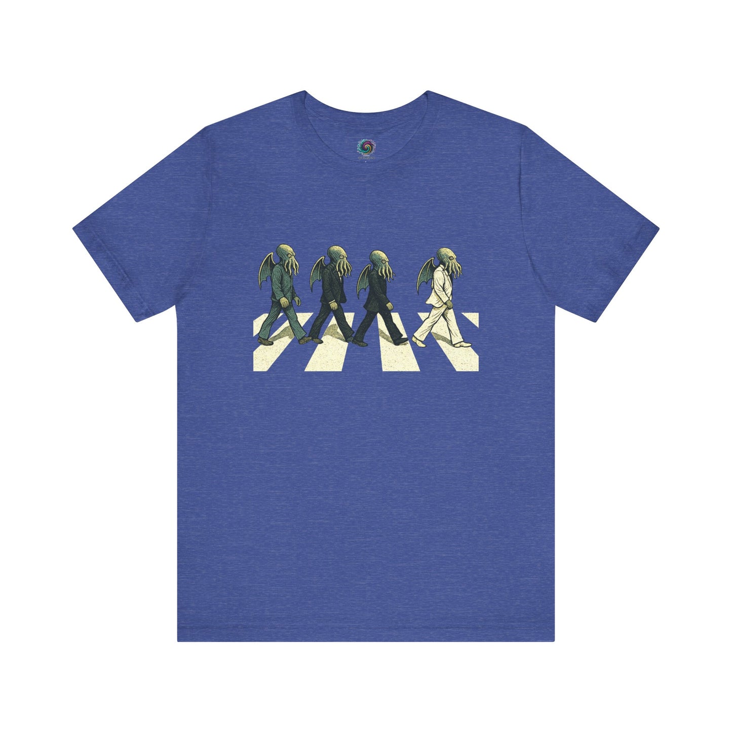 Cthulhu Crossing T-Shirt – Beatles Abbey Road Parody Tee in heather true royal, flat lay featuring singer Cthulhu lineup.