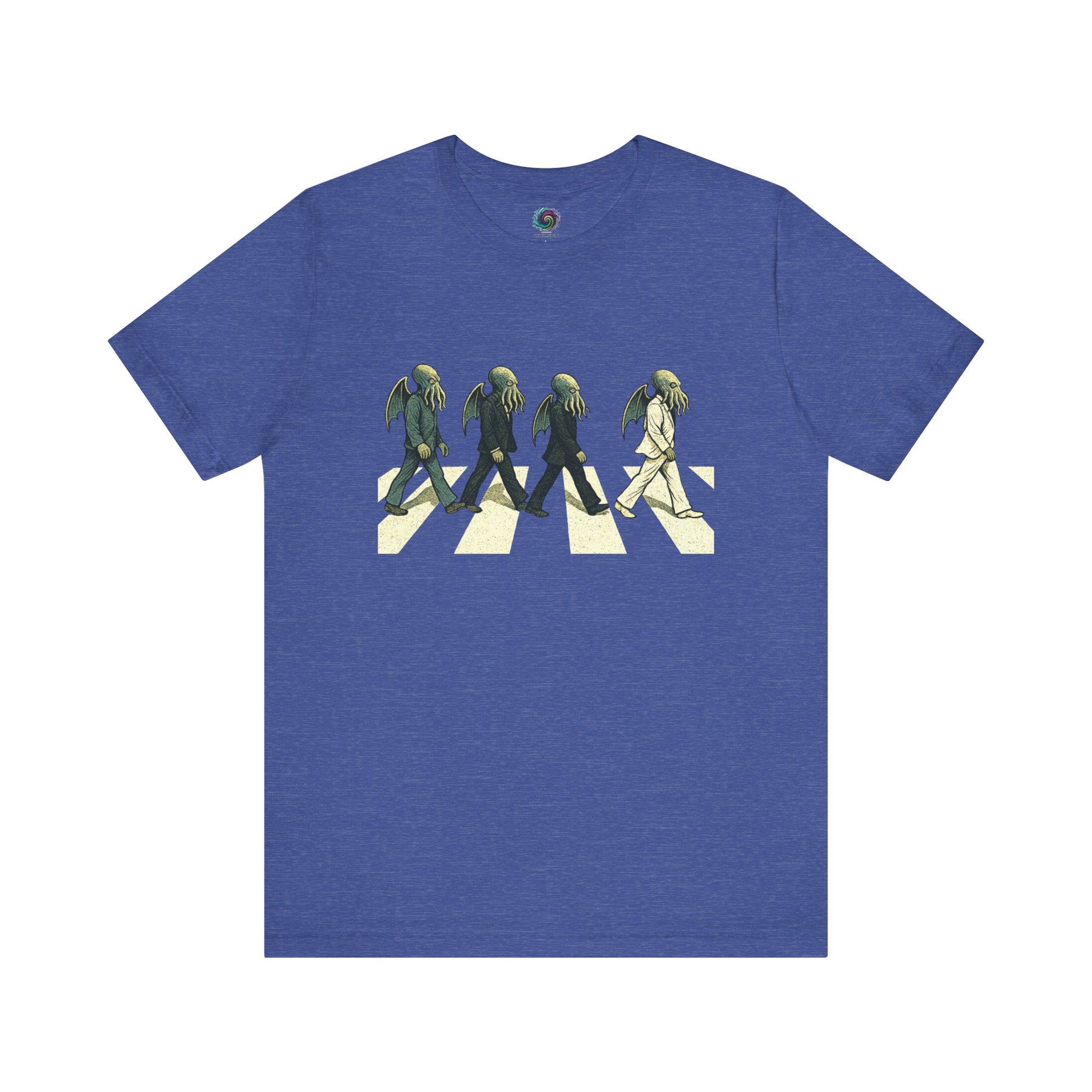Cthulhu Crossing T-Shirt – Beatles Abbey Road Parody Tee in heather true royal, flat lay featuring singer Cthulhu lineup.