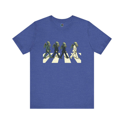 Cthulhu Crossing T-Shirt – Beatles Abbey Road Parody Tee in heather true royal, flat lay featuring singer Cthulhu lineup.