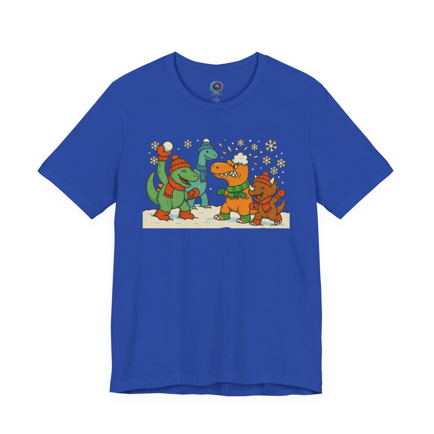 the Dinosaur Snowball Fight T-Shirt – Funny Winter Dino Graphic Tee in True Royal, emphasizing the colorful snowball-throwing dinosaurs.