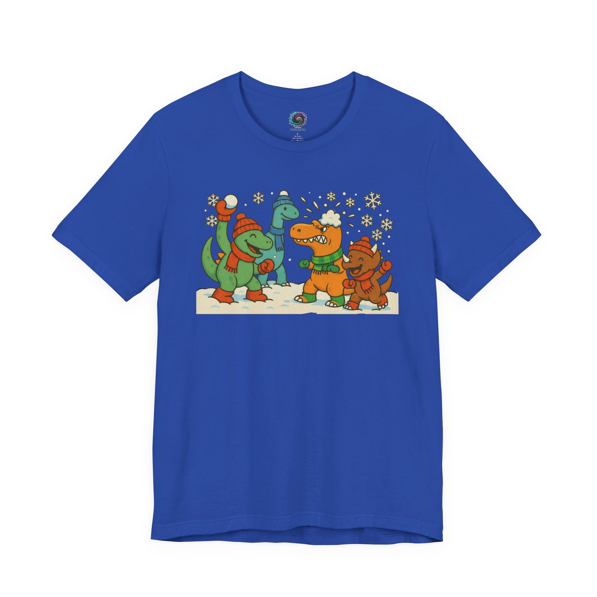 the Dinosaur Snowball Fight T-Shirt – Funny Winter Dino Graphic Tee in True Royal, emphasizing the colorful snowball-throwing dinosaurs.