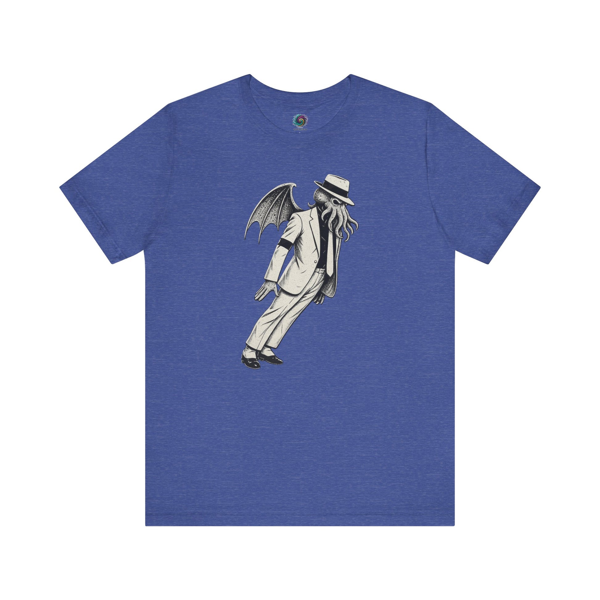 Smooth Cthulhu Unisex T-Shirt – Lovecraft Meets Smooth Criminal Style in heather true royal, flat lay parody design of Smooth Cthulhu.