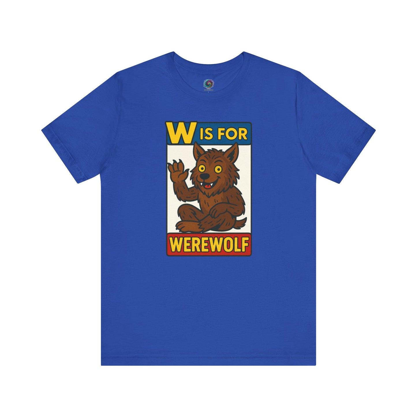W is for Werewolf T-Shirt in true royal, part of a fun monster-themed alphabet shirt collection