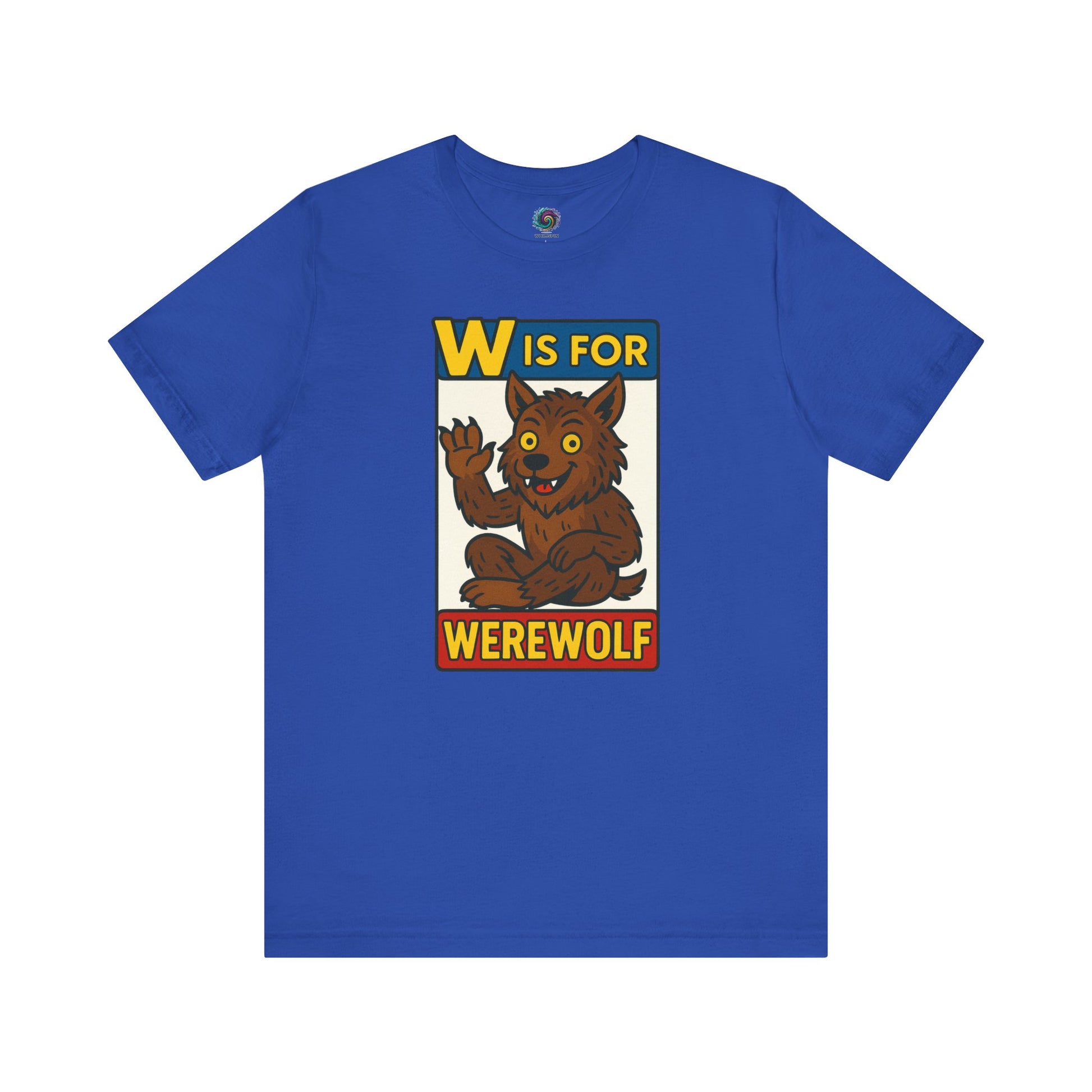 W is for Werewolf T-Shirt in true royal, part of a fun monster-themed alphabet shirt collection