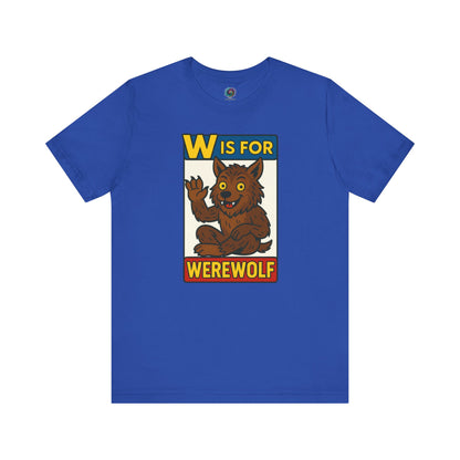 W is for Werewolf T-Shirt in true royal, part of a fun monster-themed alphabet shirt collection