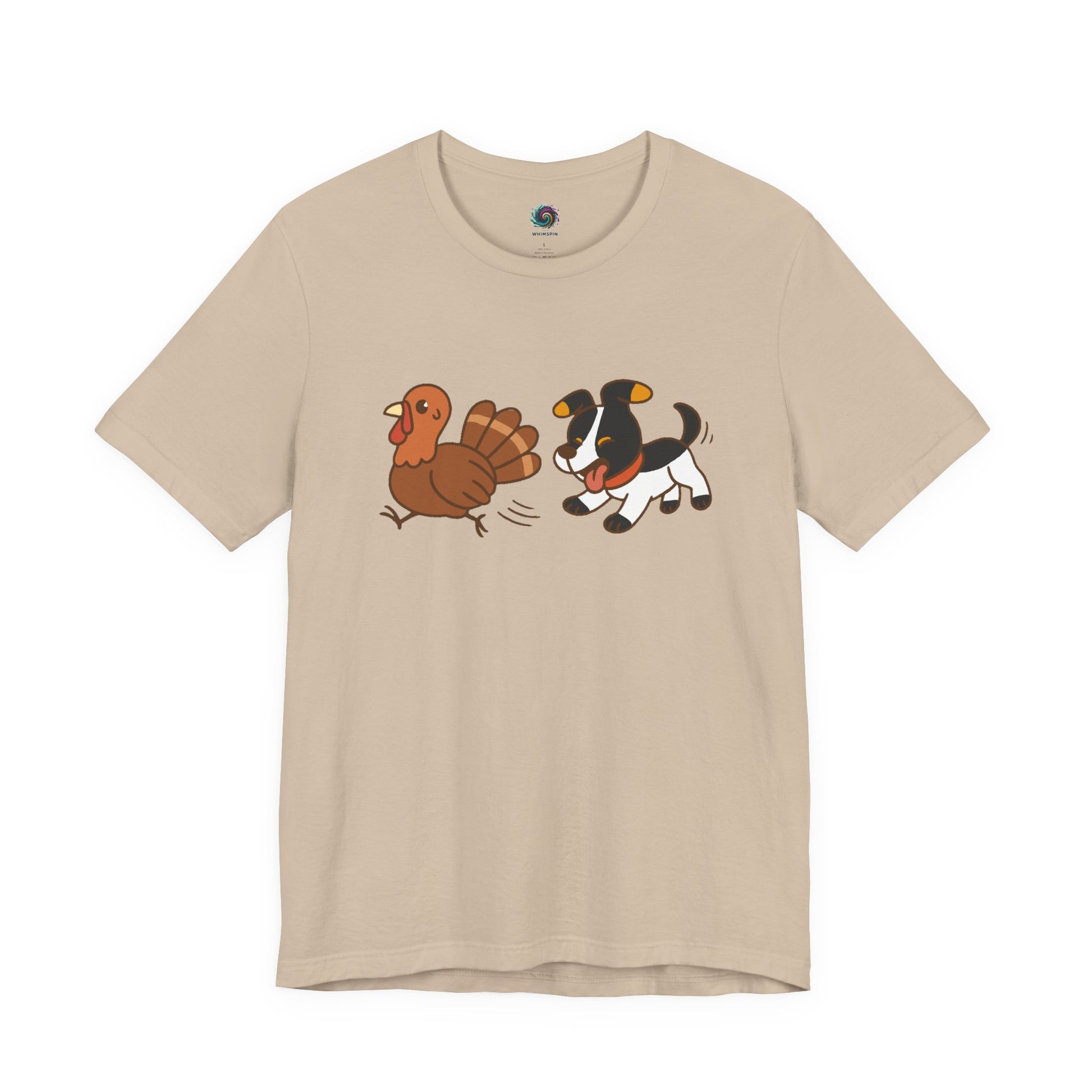 Dog Chasing Turkey T-Shirt – Funny Thanksgiving Dog Tee in tan with Thanksgiving chase scene