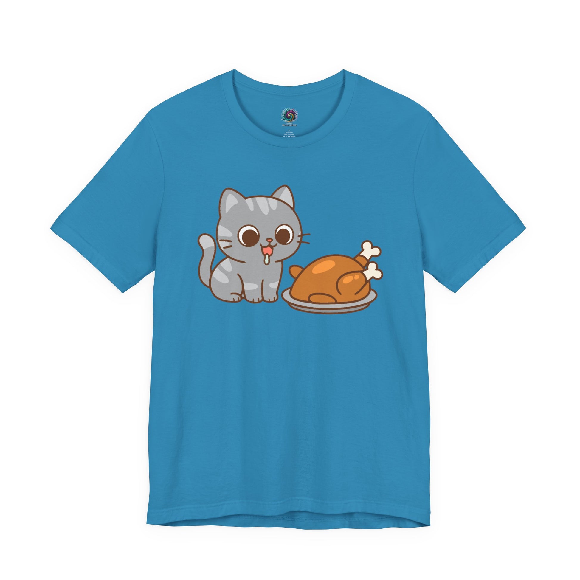 Thanksgiving Cat T-Shirt – Cute Hungry Cat and Turkey Tee in aqua featuring chibi gray cat staring at a roast turkey