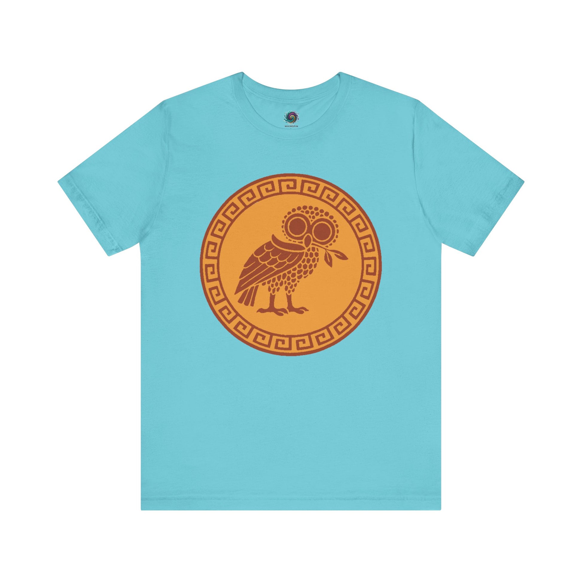 Turquoise Athena’s Owl T-Shirt – Greek Mythology Bird Tee from WhimSpin on a white background