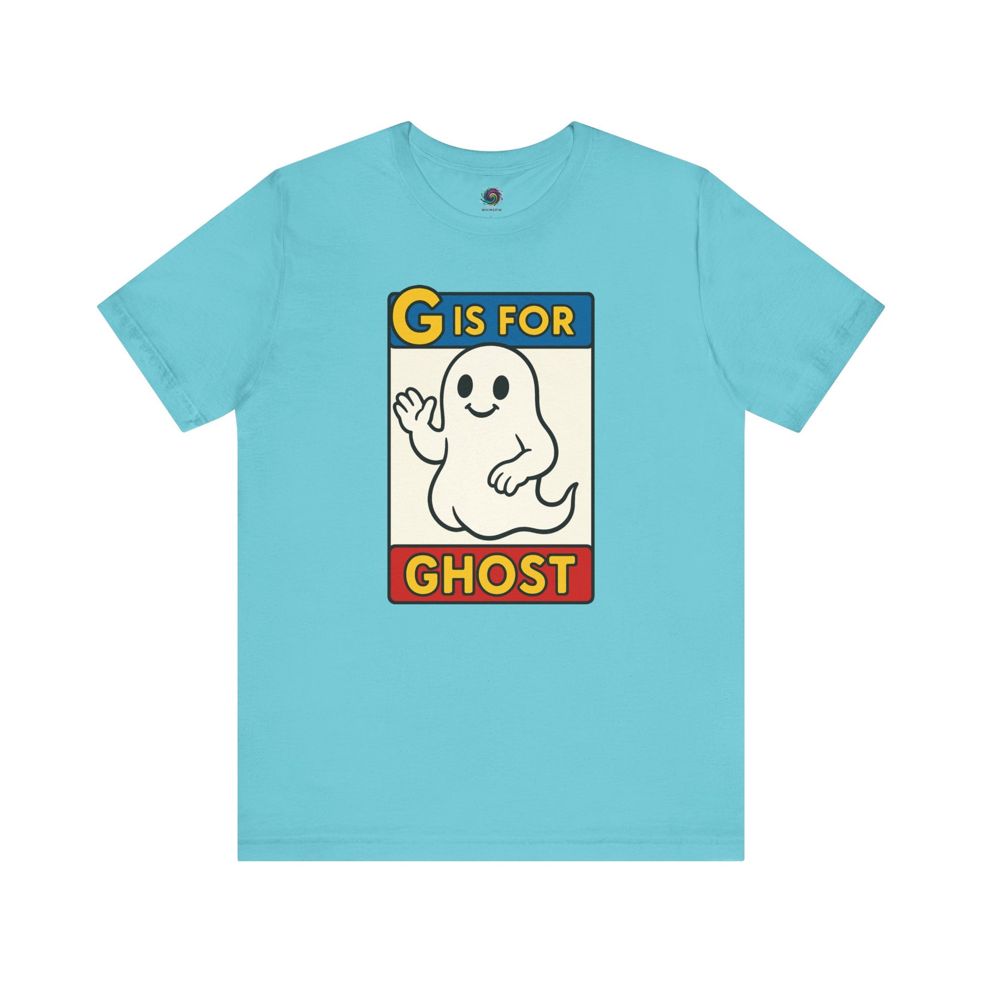 G is for Ghost T-Shirt – Funny Monster Alphabet Halloween Tee in turquoise, flat lay cartoon ghost alphabet shirt for Halloween.