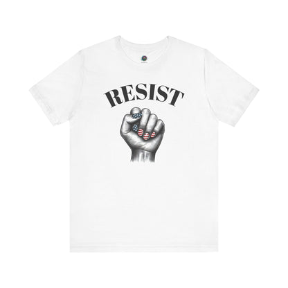 Resist Feminist Power Fist Tee in white, clean background makes the detailed protest design pop.