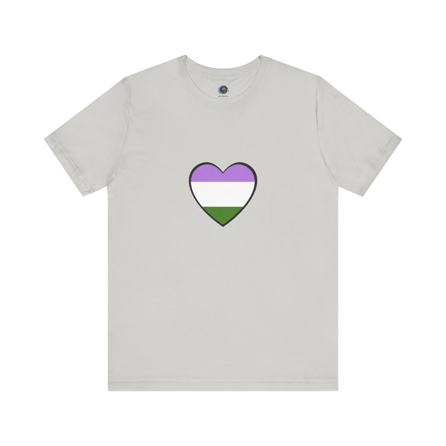 Genderqueer Flag Heart T-Shirt – Unisex LGBTQ+ Graphic Tee in silver with a centered genderqueer heart flag, offering a subtle yet bold pride expression.
