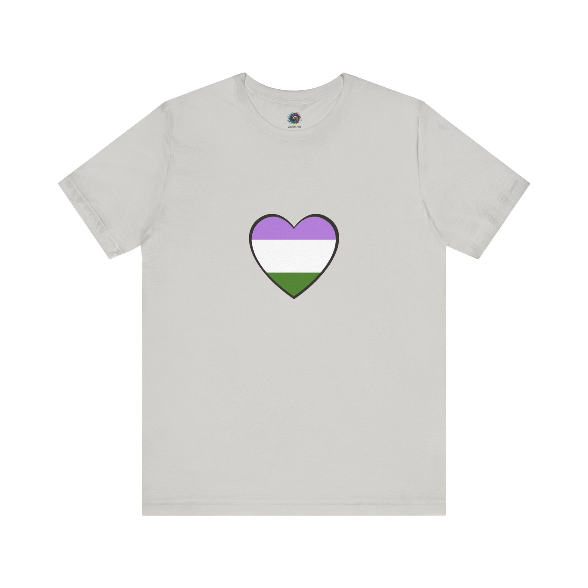 Genderqueer Flag Heart T-Shirt – Unisex LGBTQ+ Graphic Tee in silver with a centered genderqueer heart flag, offering a subtle yet bold pride expression.