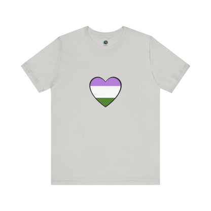 Genderqueer Flag Heart T-Shirt – Unisex LGBTQ+ Graphic Tee in silver with a centered genderqueer heart flag, offering a subtle yet bold pride expression.