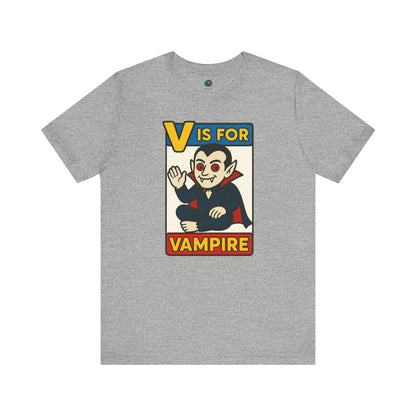 V is for Vampire T-Shirt – Funny Halloween Legend Alphabet Tee shown in flat lay style in the Athletic Heather color
