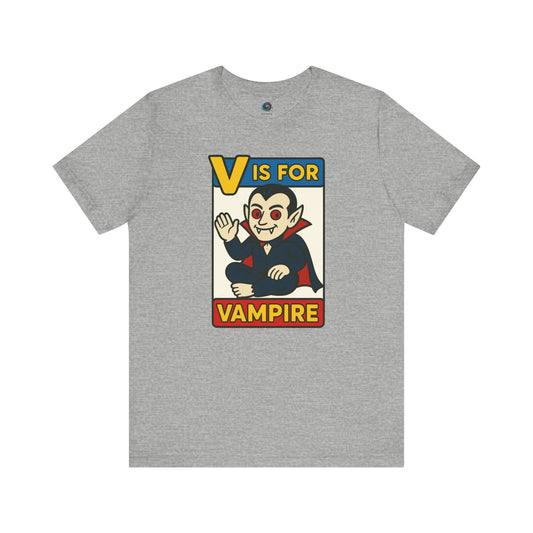 V is for Vampire T-Shirt – Funny Halloween Legend Alphabet Tee shown in flat lay style in the Athletic Heather color