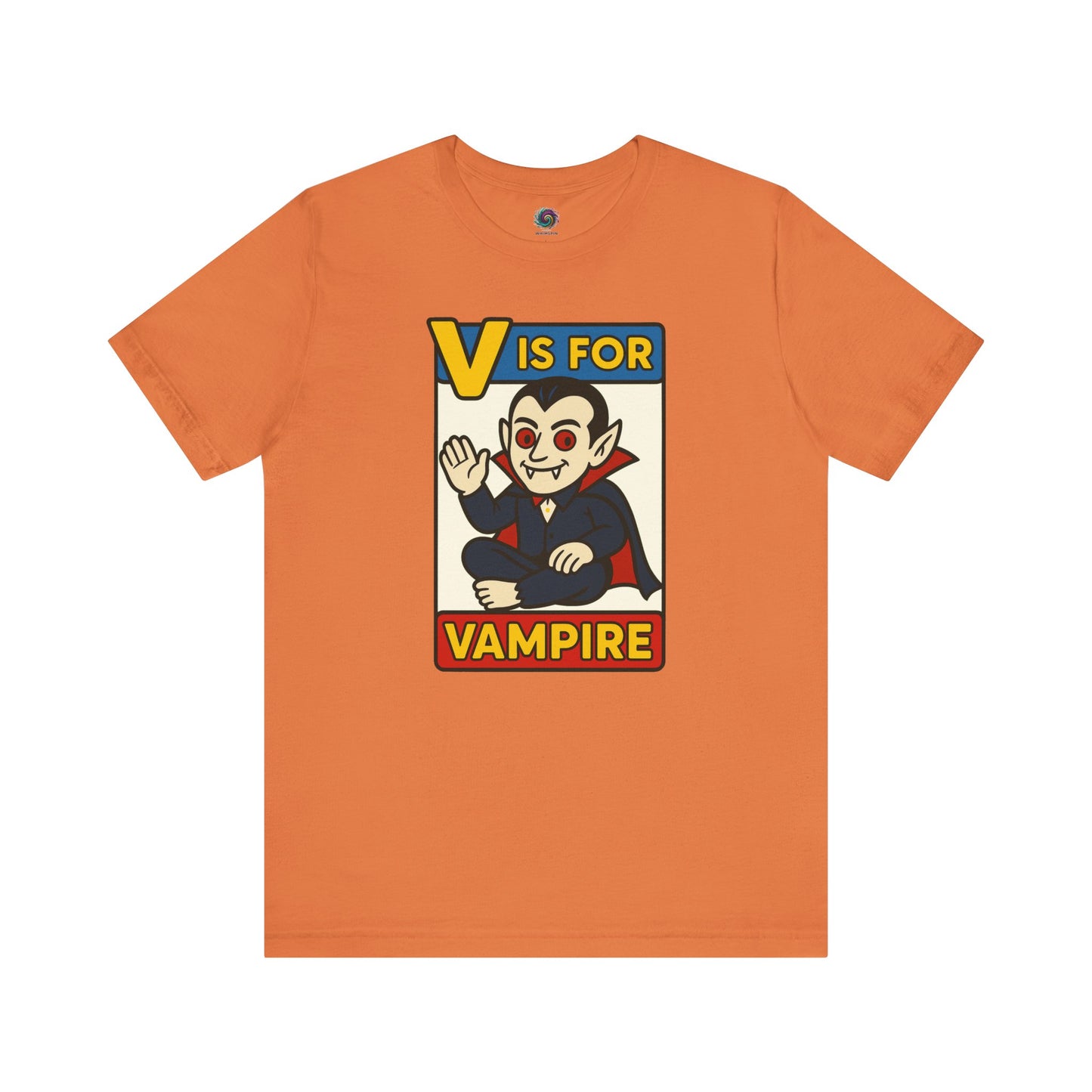 V is for Vampire T-Shirt – Funny Halloween Legend Alphabet Tee shown in flat lay style in the Burnt Orange color
