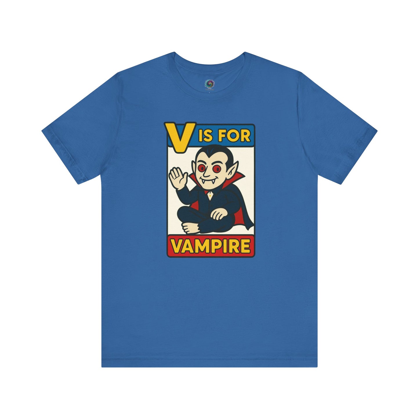 V is for Vampire T-Shirt – Funny Halloween Legend Alphabet Tee shown in flat lay style in the Columbia Blue color