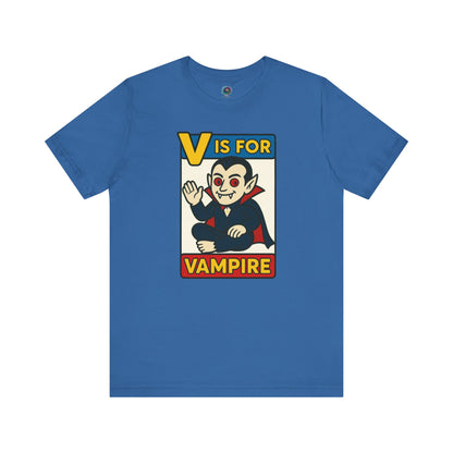 V is for Vampire T-Shirt – Funny Halloween Legend Alphabet Tee shown in flat lay style in the Columbia Blue color