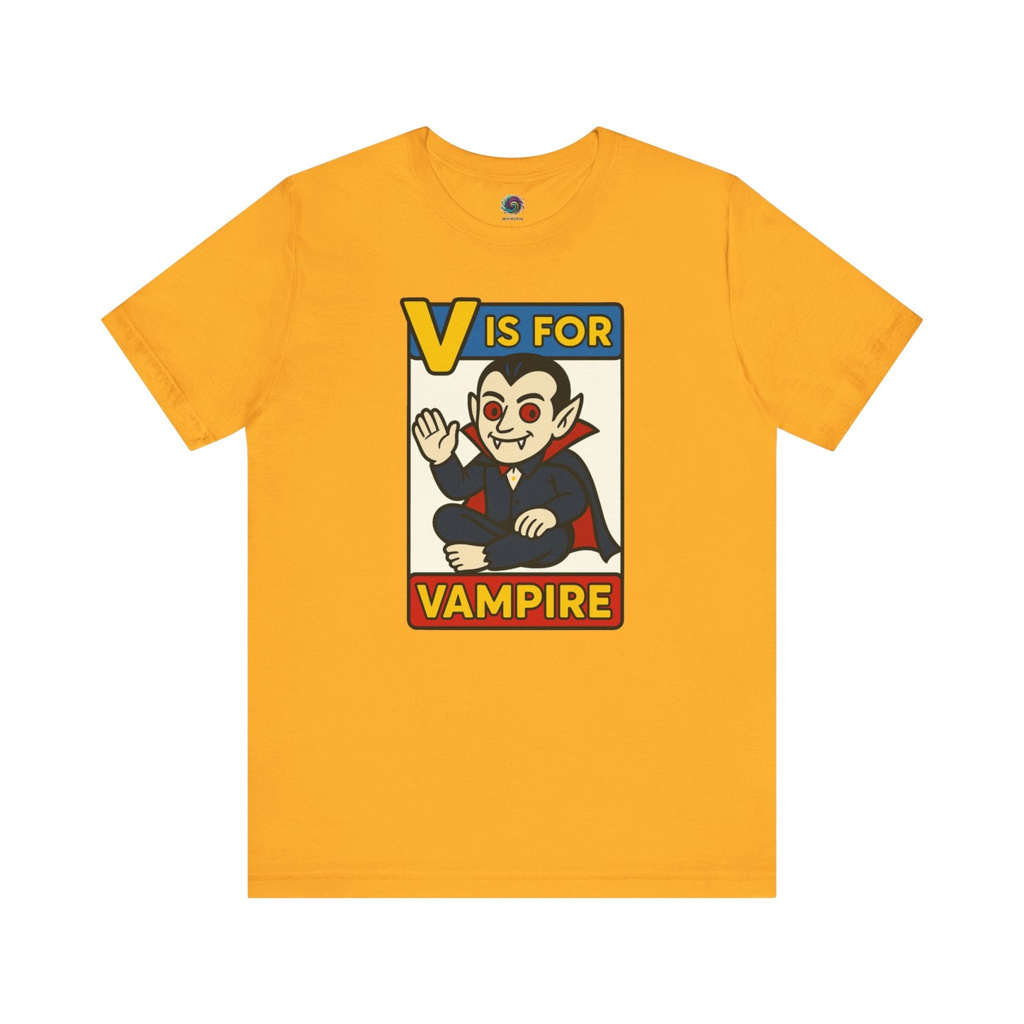 V is for Vampire T-Shirt – Funny Halloween Legend Alphabet Tee shown in flat lay style in the Gold color