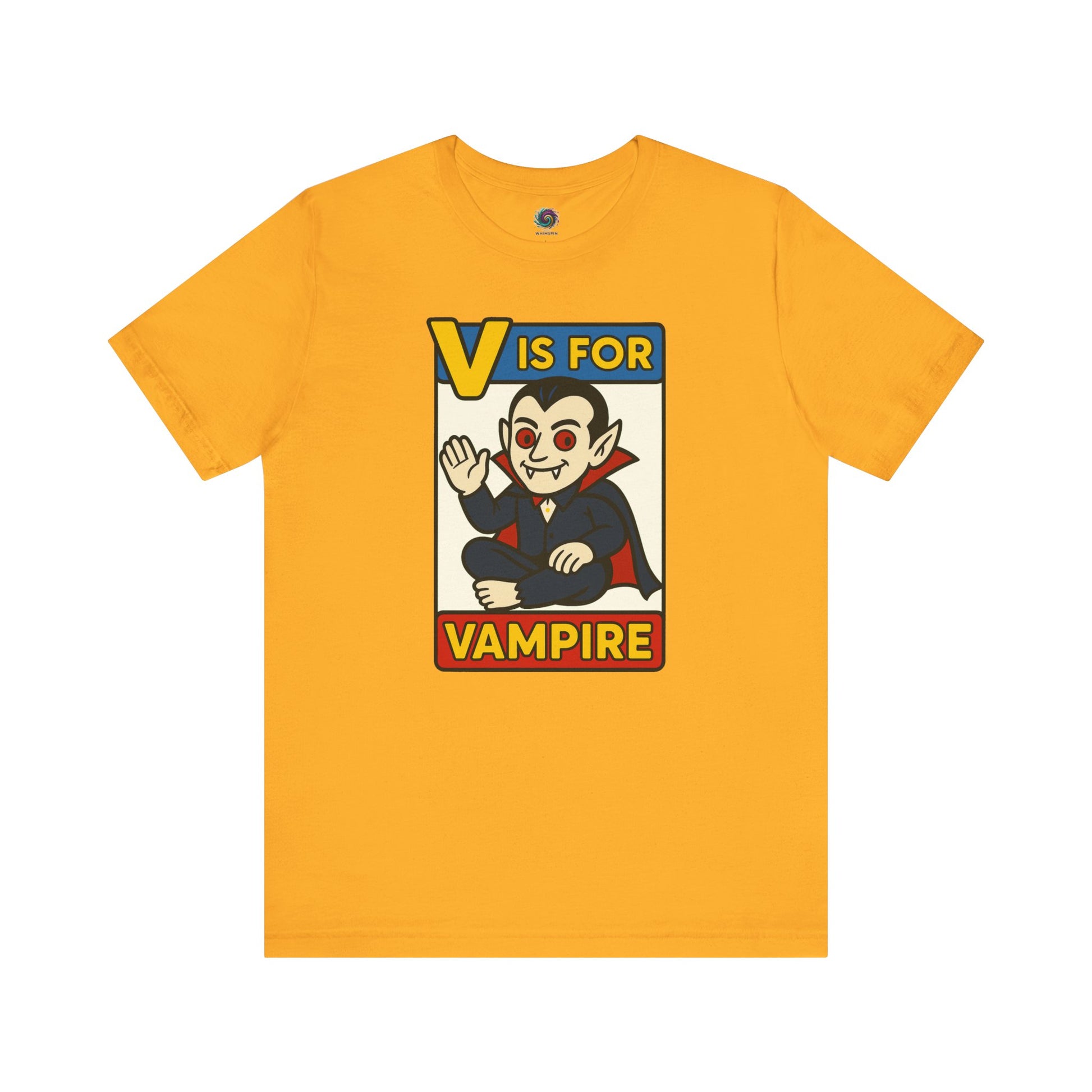 V is for Vampire T-Shirt – Funny Halloween Legend Alphabet Tee shown in flat lay style in the Gold color