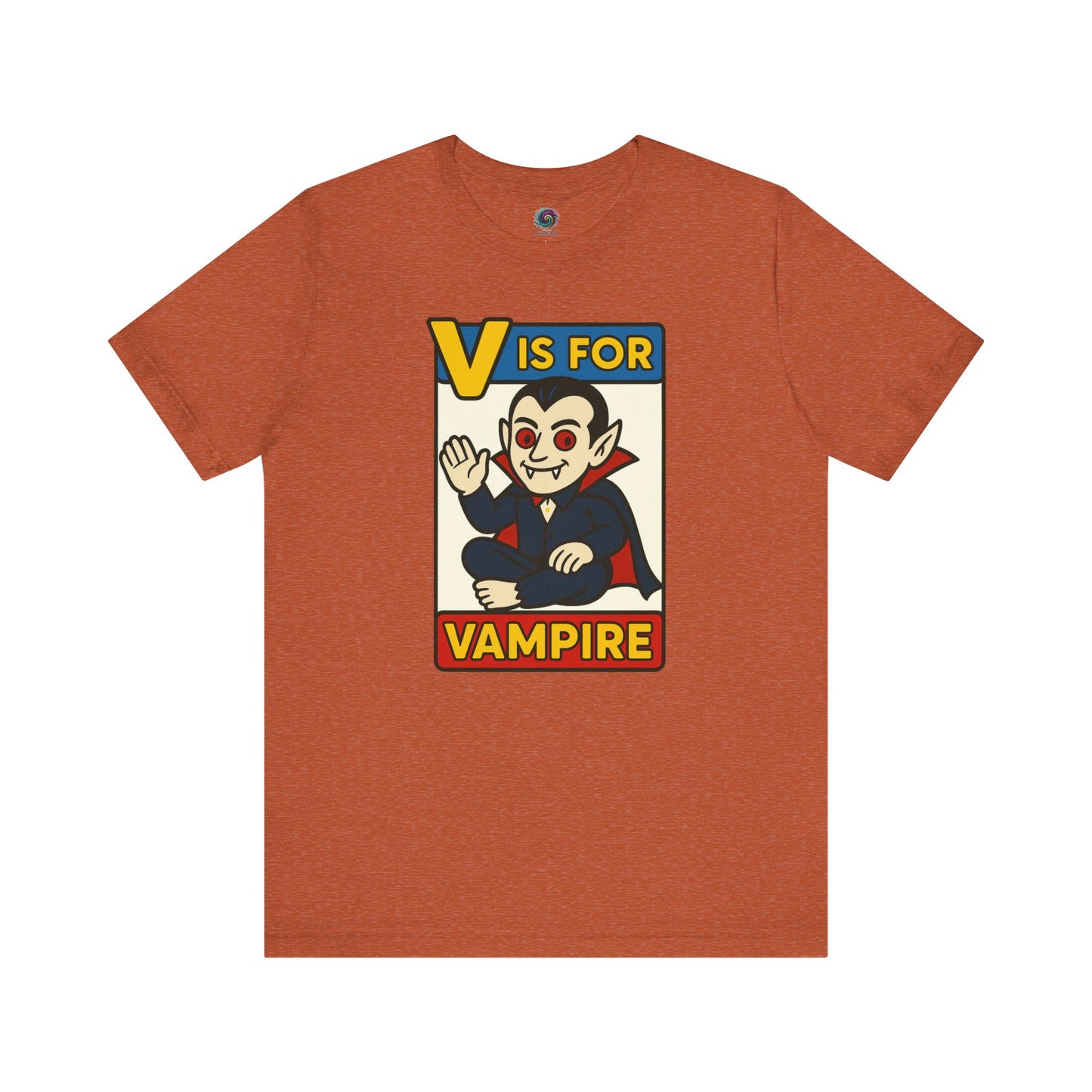 V is for Vampire T-Shirt – Funny Halloween Legend Alphabet Tee shown in flat lay style in the Heather Autumn color