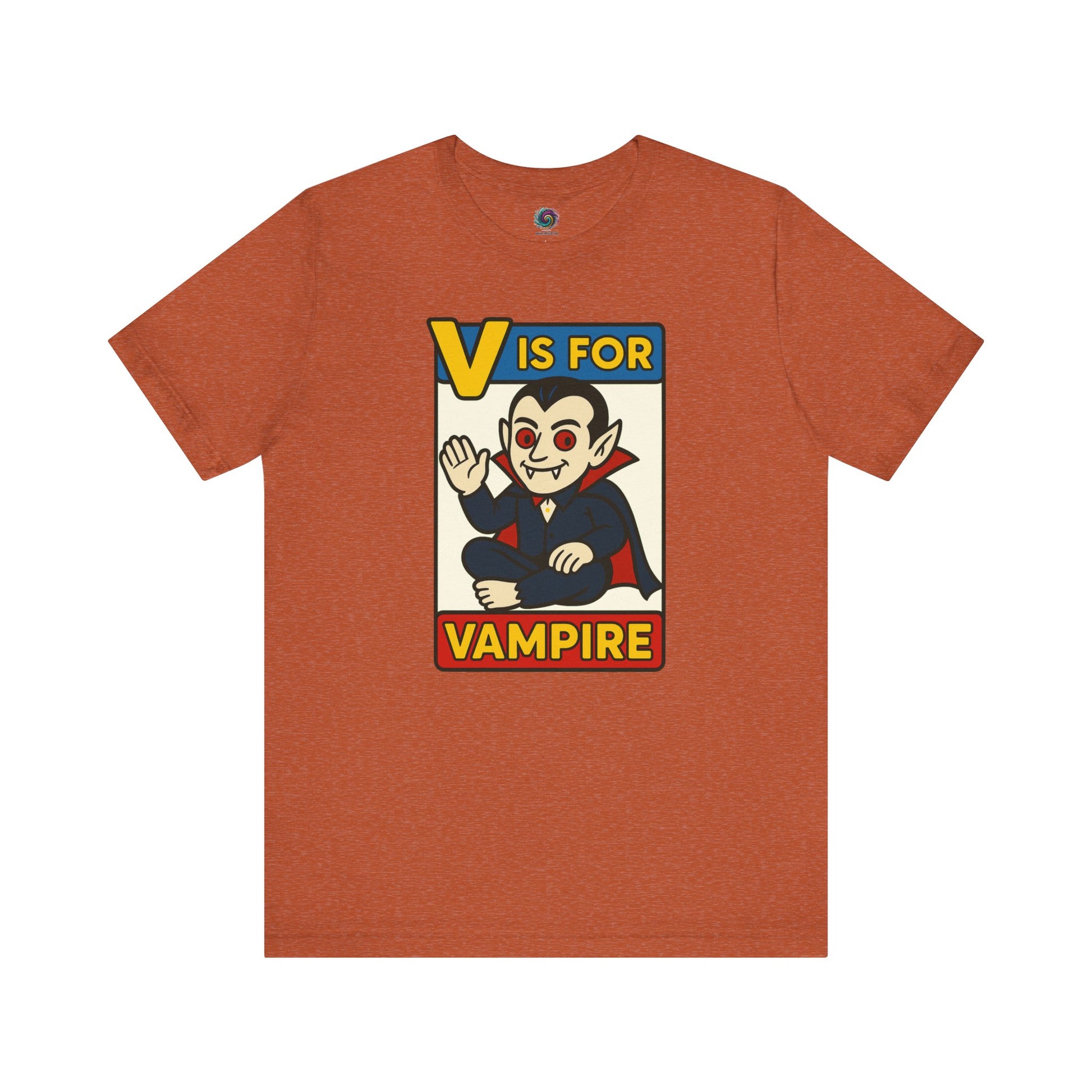 V is for Vampire T-Shirt – Funny Halloween Legend Alphabet Tee shown in flat lay style in the Heather Autumn color