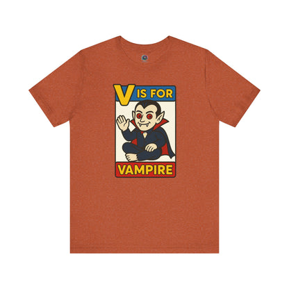 V is for Vampire T-Shirt – Funny Halloween Legend Alphabet Tee shown in flat lay style in the Heather Autumn color