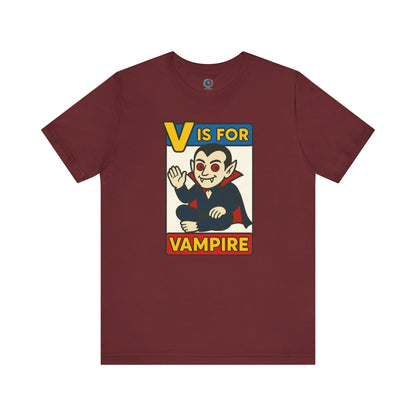 V is for Vampire T-Shirt – Funny Halloween Legend Alphabet Tee shown in flat lay style in the Heather Cardinal color