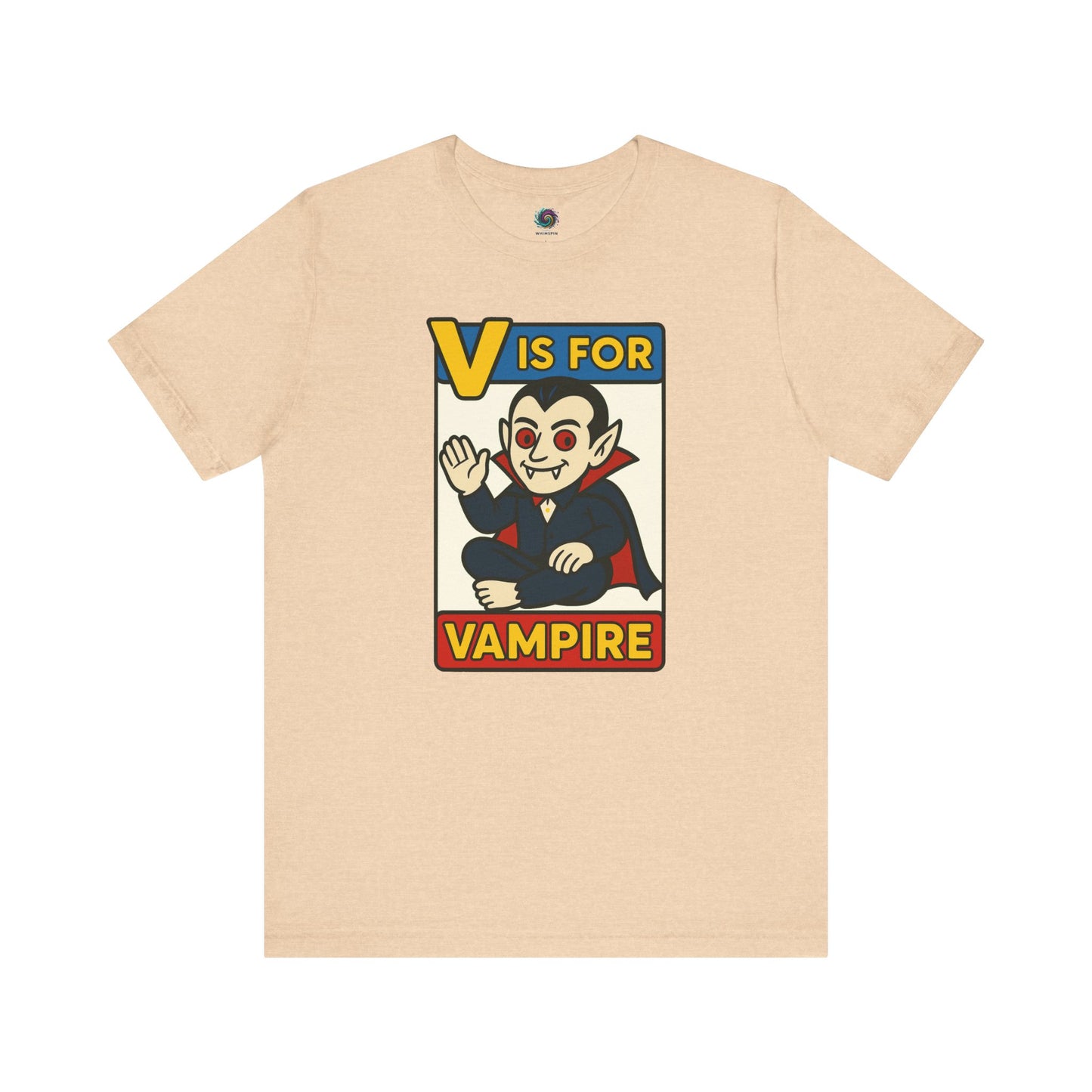 V is for Vampire T-Shirt – Funny Halloween Legend Alphabet Tee shown in flat lay style in the Heather Sand Dune color
