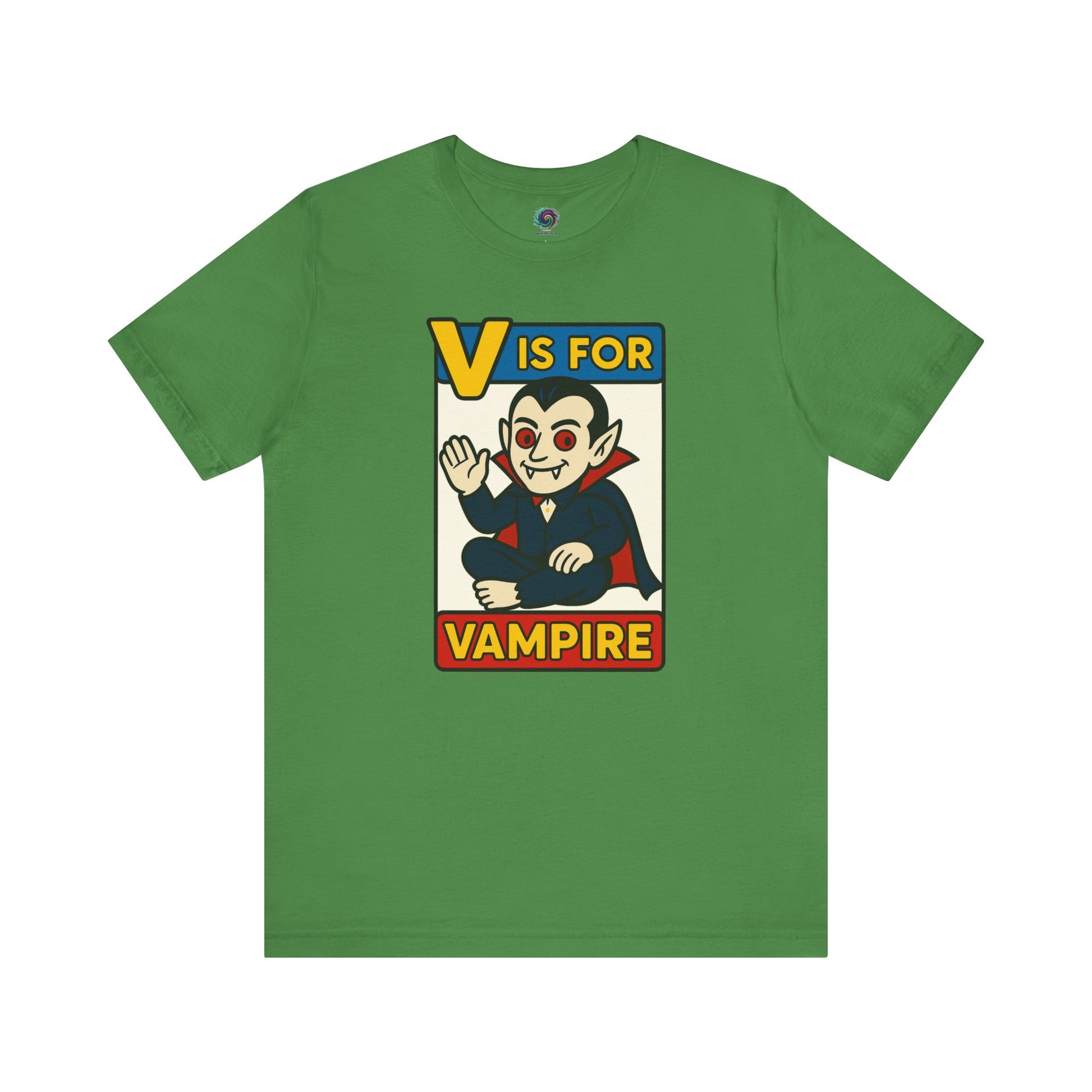 V is for Vampire T-Shirt – Funny Halloween Legend Alphabet Tee shown in flat lay style in the Leaf color