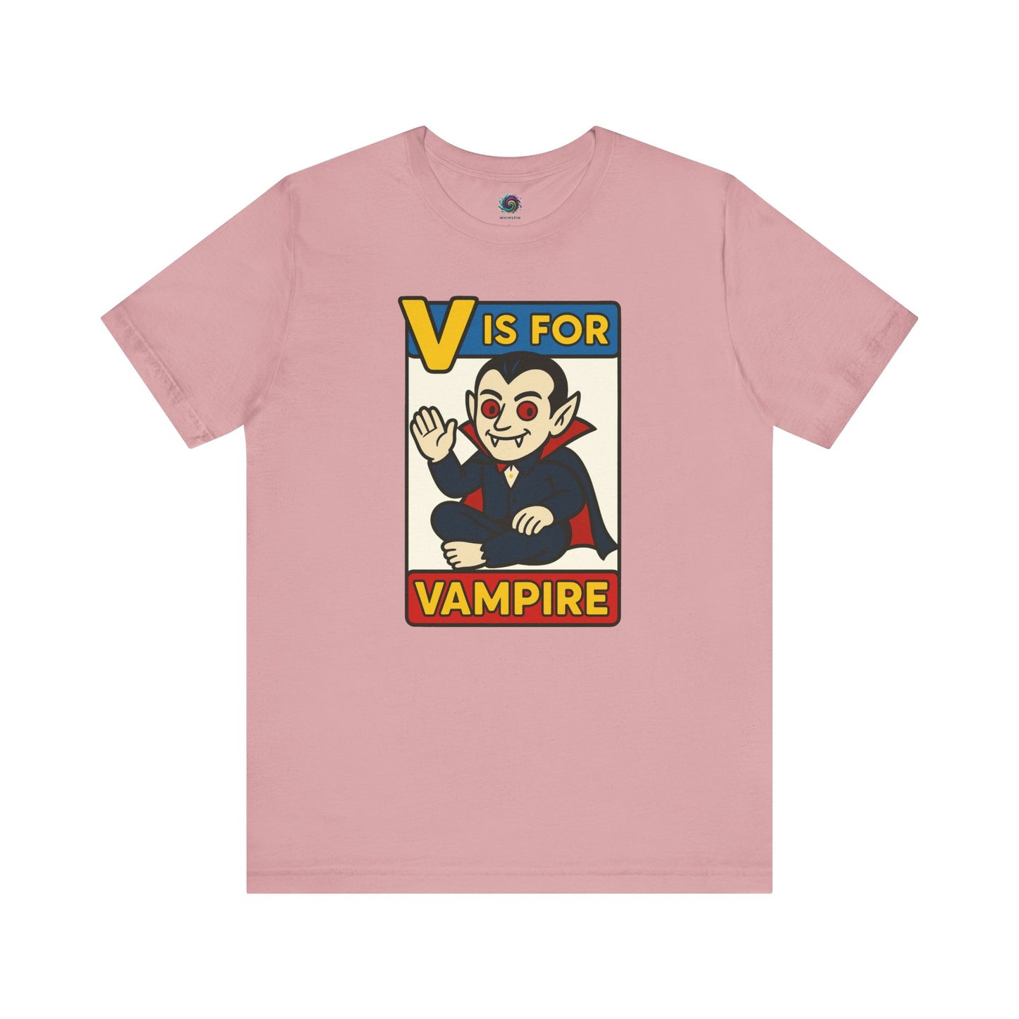 V is for Vampire T-Shirt – Funny Halloween Legend Alphabet Tee shown in flat lay style in the Orchid color