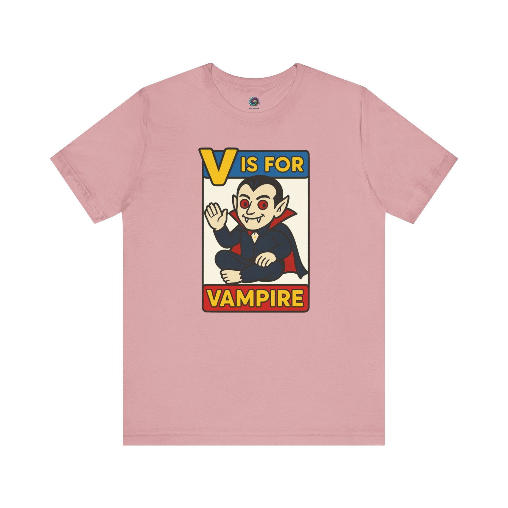 V is for Vampire T-Shirt – Funny Halloween Legend Alphabet Tee shown in flat lay style in the Orchid color